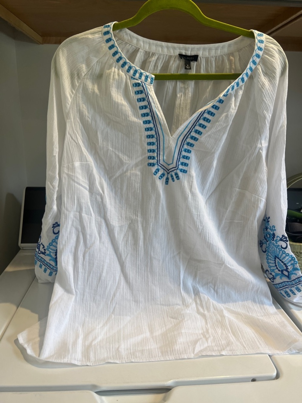 Talbots White Tunic Top with Blue Embroidery